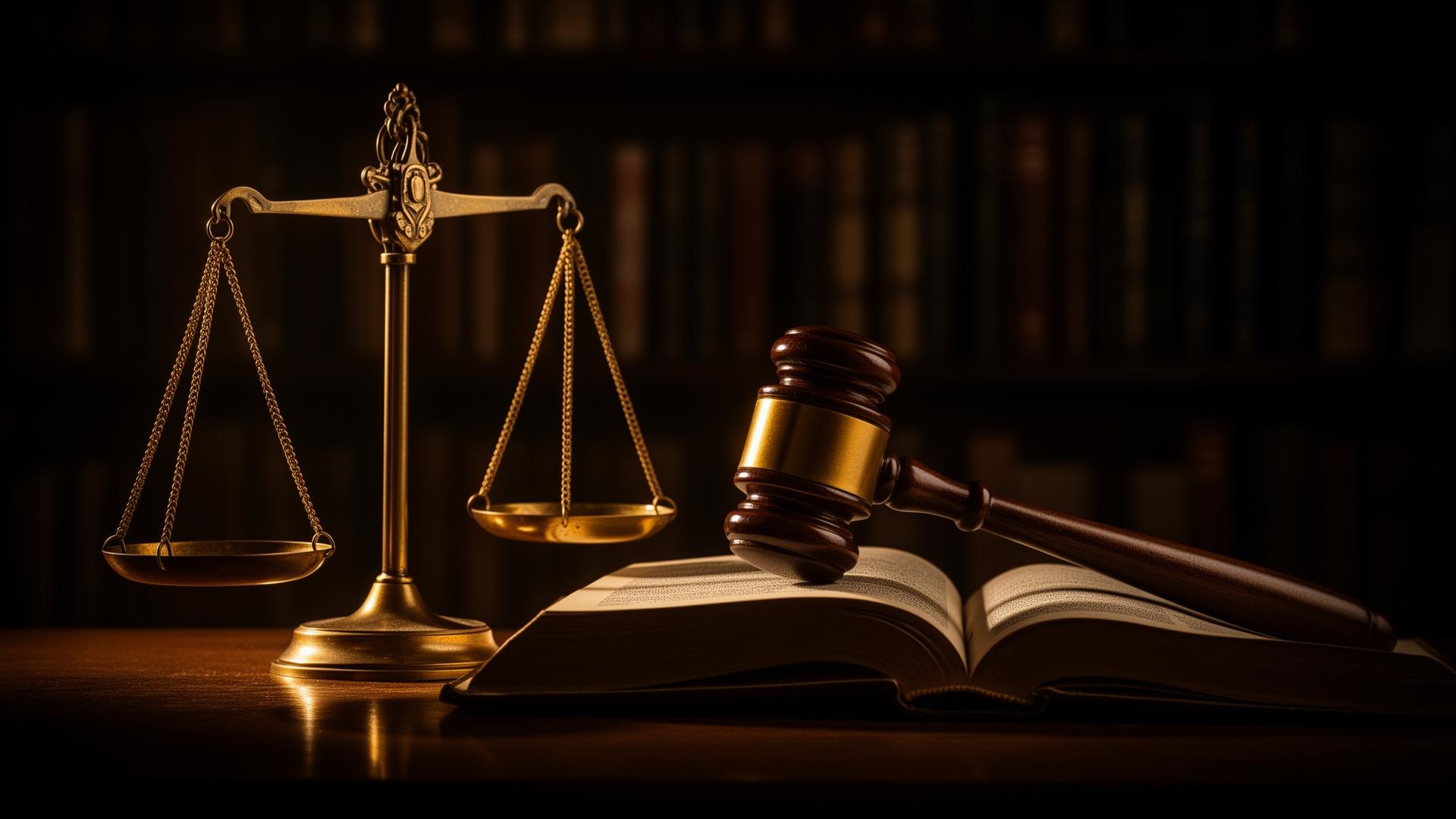 Scales of justice and gavel on law books